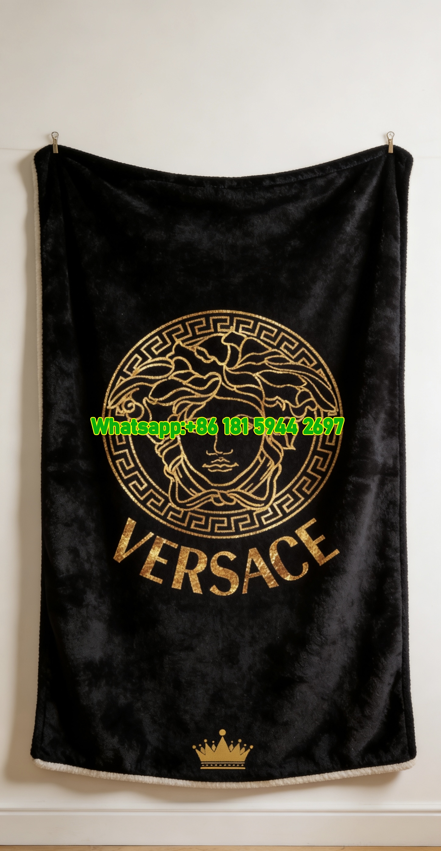 Versace Black Gold Foil Medusa Greek Key Logo Printed Flannel Throw Blanket IMG_1287
